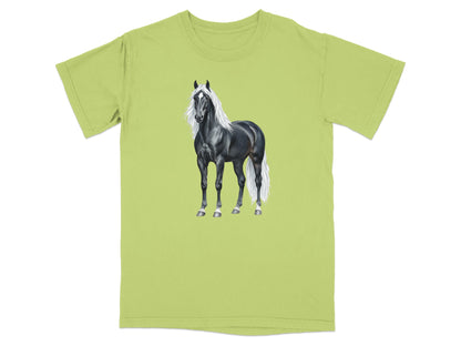 T-shirt with a black horse and white mane graphic.