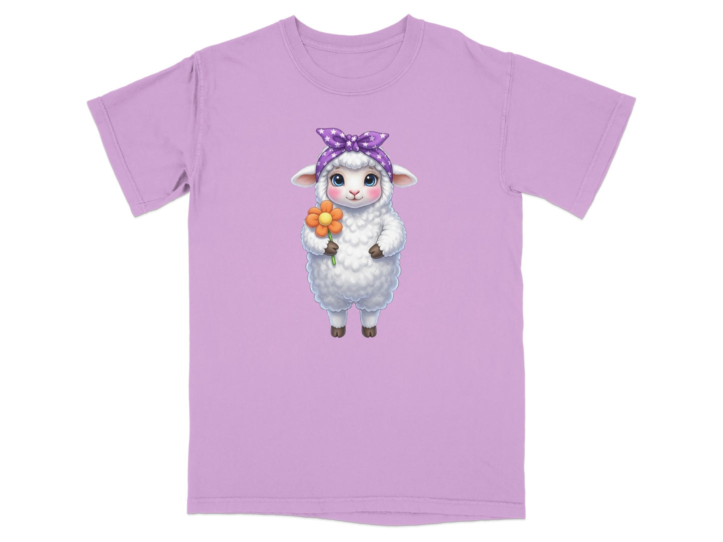 Cartoon sheep wearing a purple polka dot bandana and holding an orange flower.
