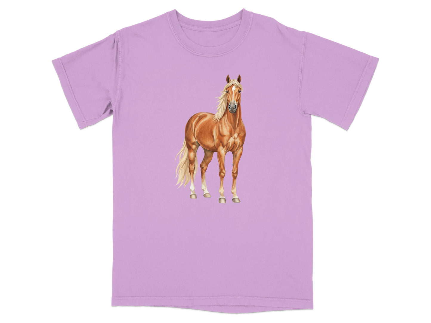 Light purple t-shirt with a realistic painting of a golden palomino horse.