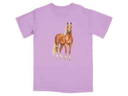 Light purple t-shirt with a realistic painting of a golden palomino horse.