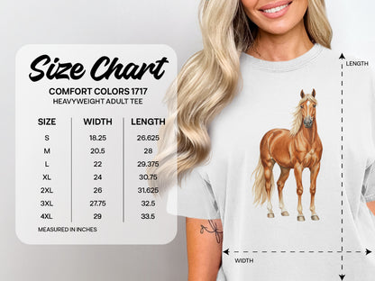 Comfort Colors 1717 heavyweight adult tee size chart with garment diagram.