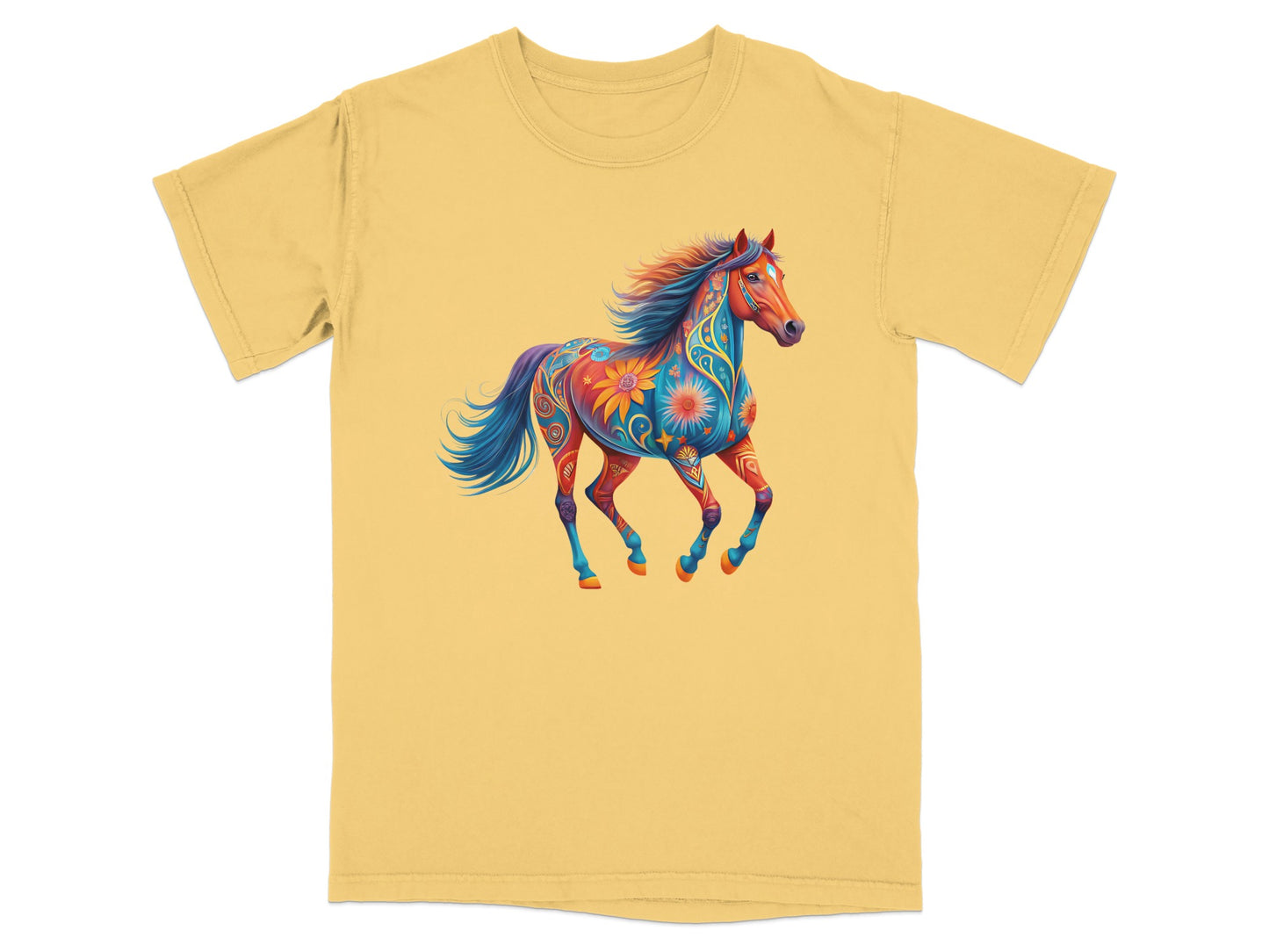 Yellow t-shirt with a colorful, patterned running horse design.