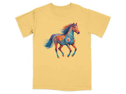 Yellow t-shirt with a colorful, patterned running horse design.