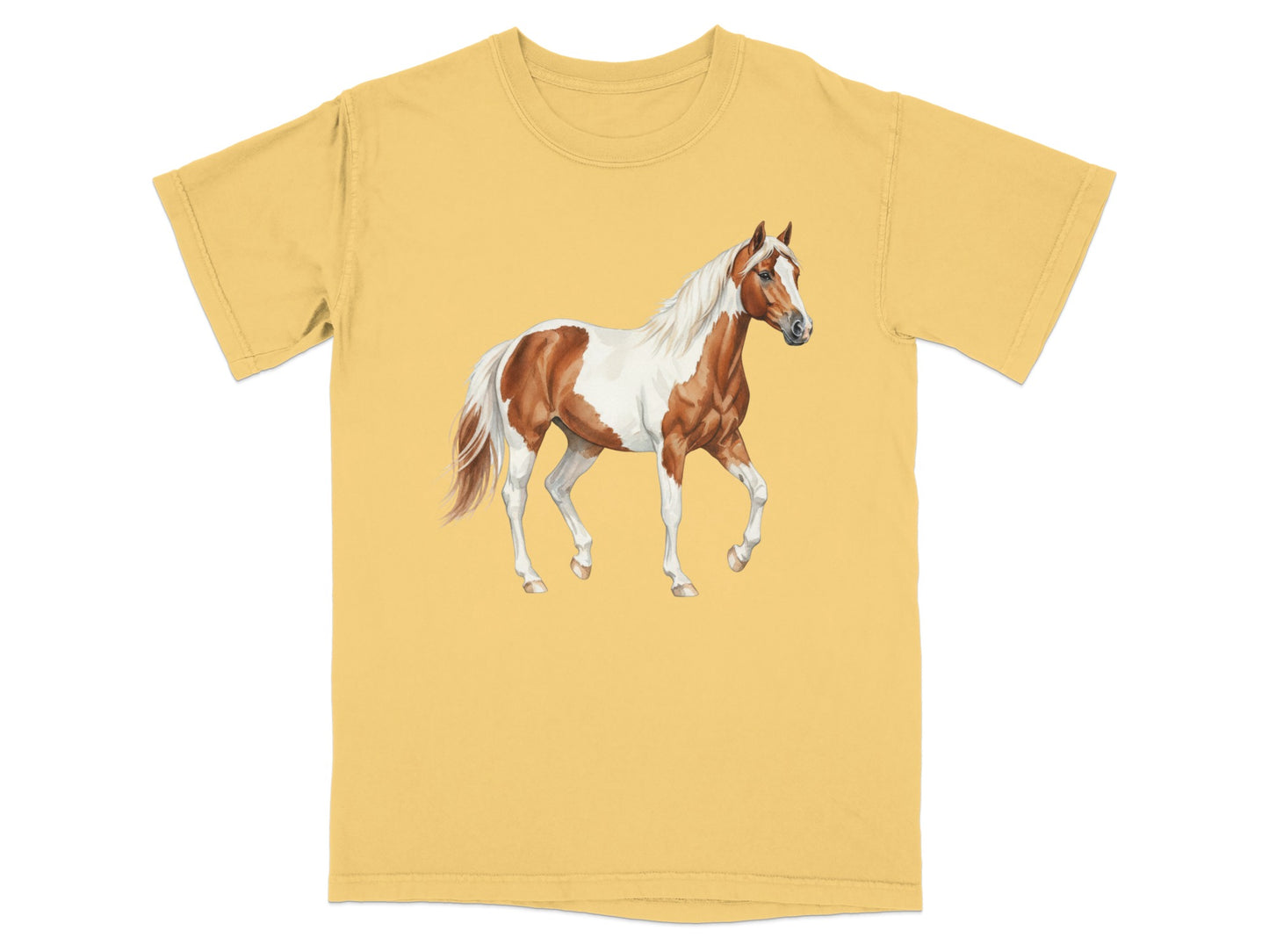 Yellow t-shirt with a brown and white painted horse illustration.