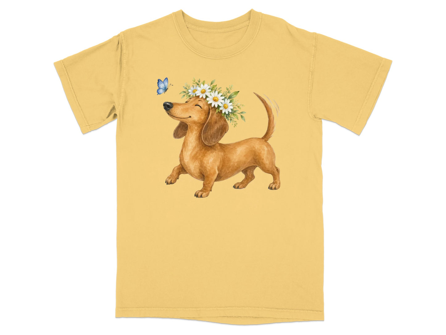 Dachshund wearing a daisy flower crown, with a butterfly nearby.