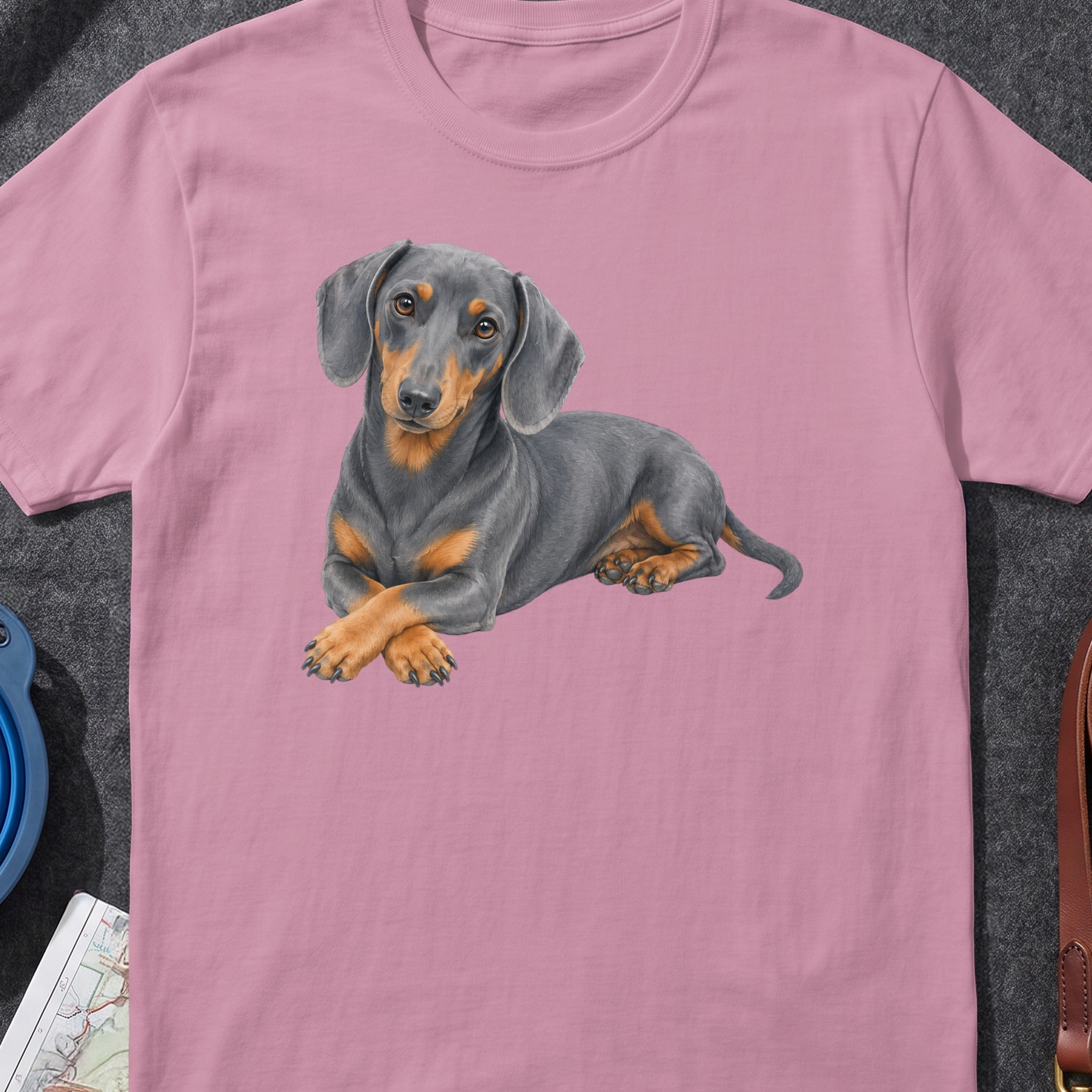 Pink t-shirt with a realistic black and tan dachshund illustration.