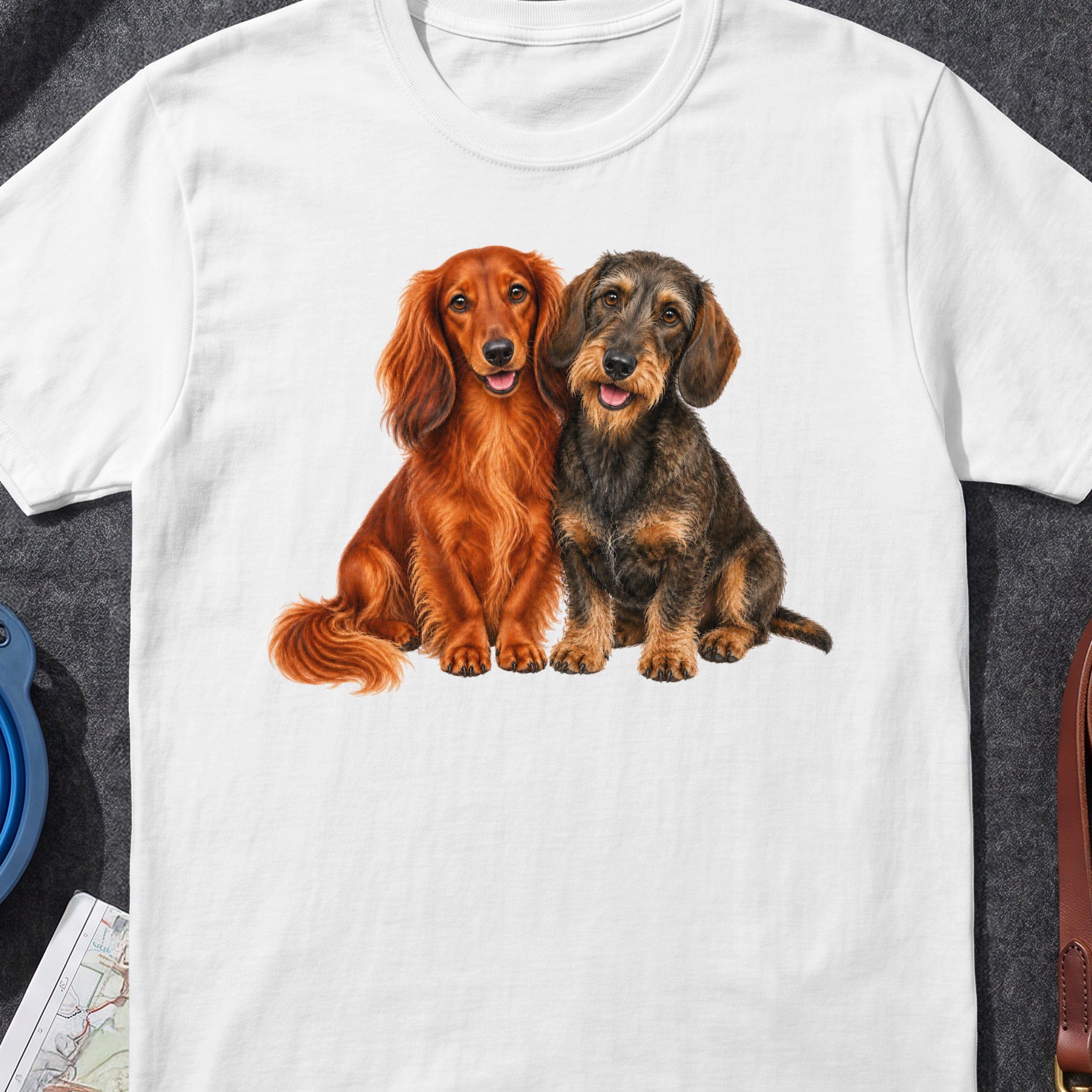 White t-shirt with watercolor painting of two dachshunds, one long-haired red, one wire-haired brown.