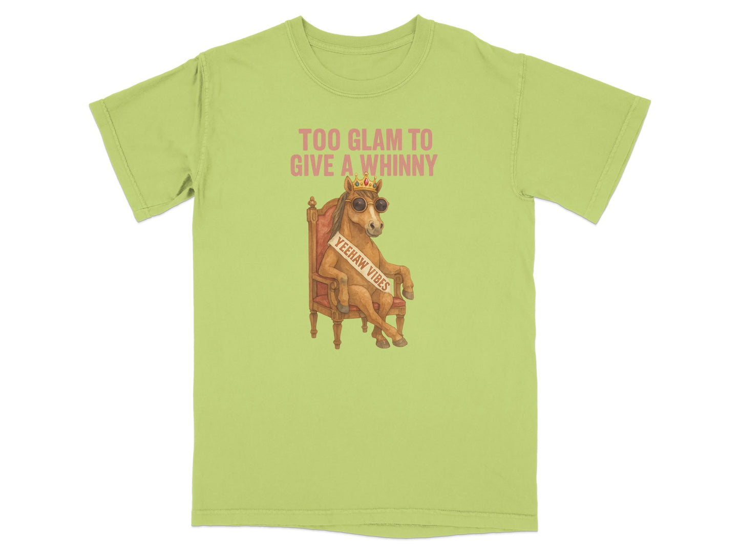 Lime green t-shirt with a cartoon horse wearing sunglasses and a crown, seated in a chair.