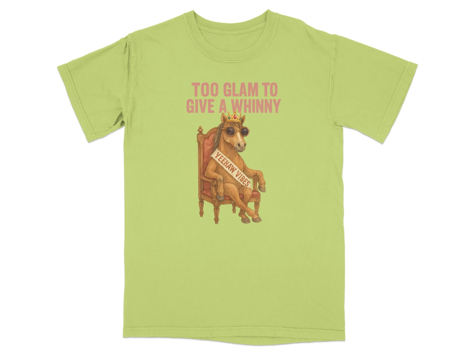 Lime green t-shirt with a cartoon horse wearing sunglasses and a crown, seated in a chair.