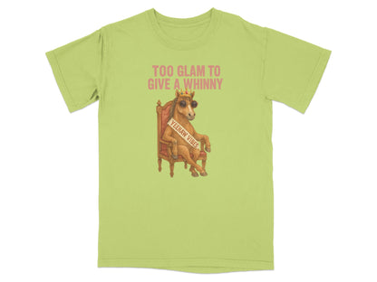 Lime green t-shirt with a cartoon horse wearing sunglasses and a crown, seated in a chair.