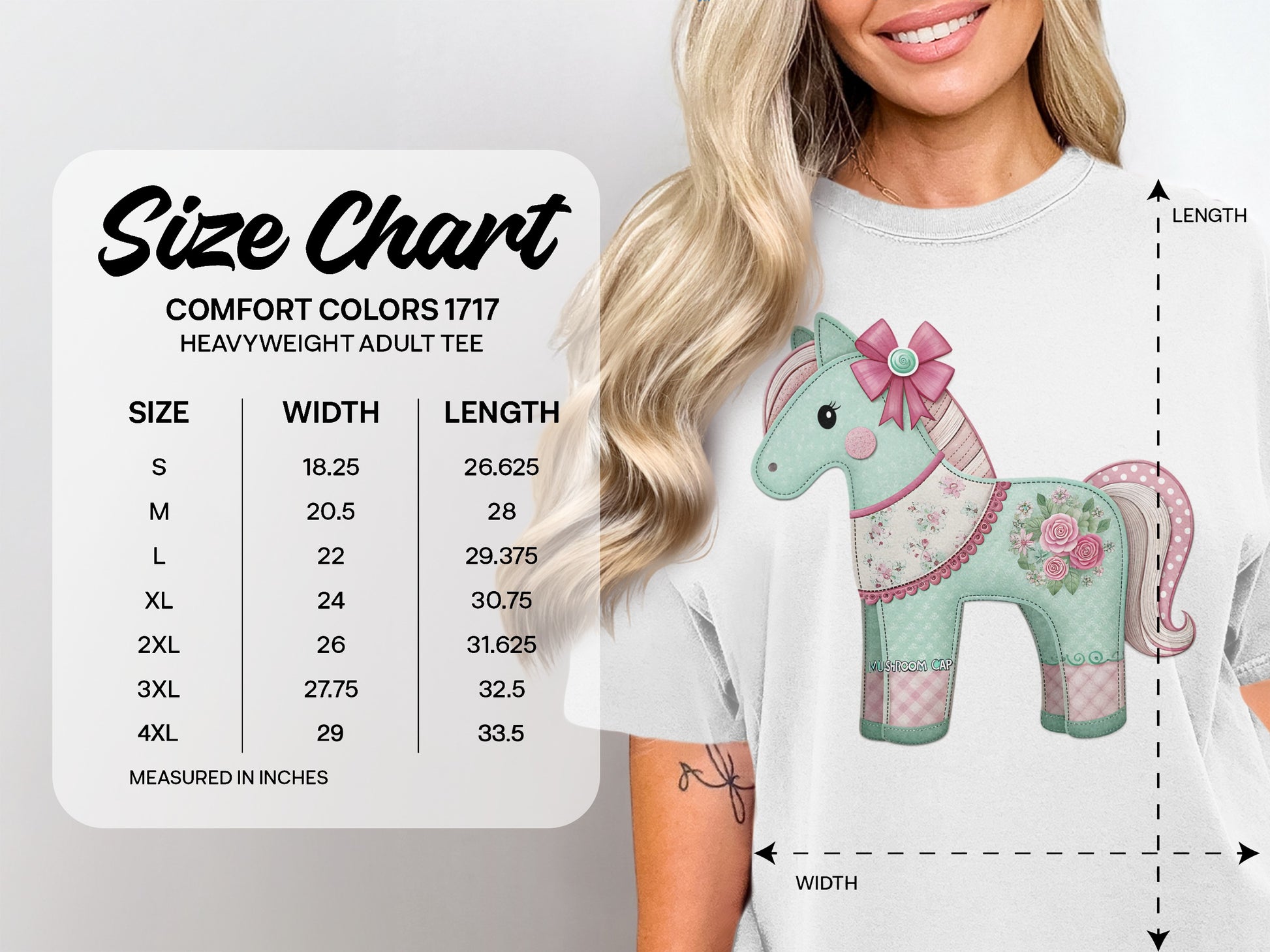 Comfort Colors 1717 heavyweight adult tee size chart with measurements.