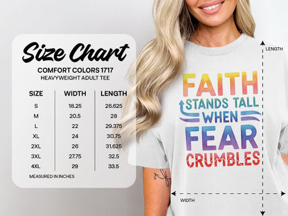 Comfort Colors 1717 heavyweight adult tee size chart with shirt graphic.