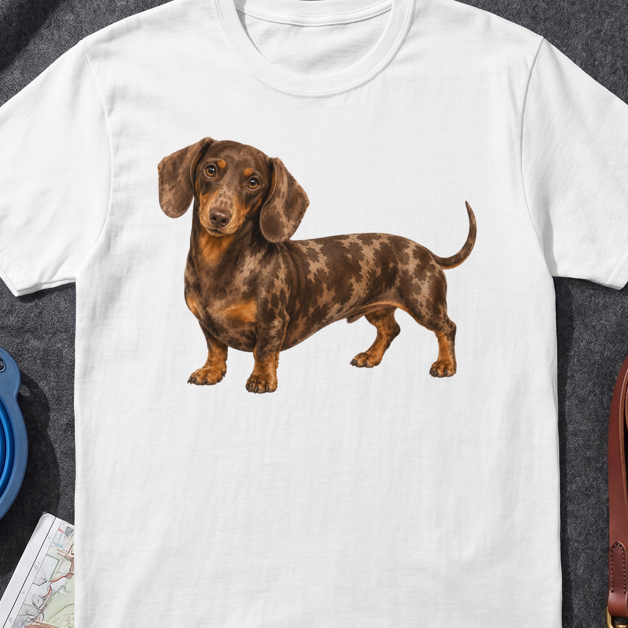 Dachshund with merle coat pattern on a white t-shirt.