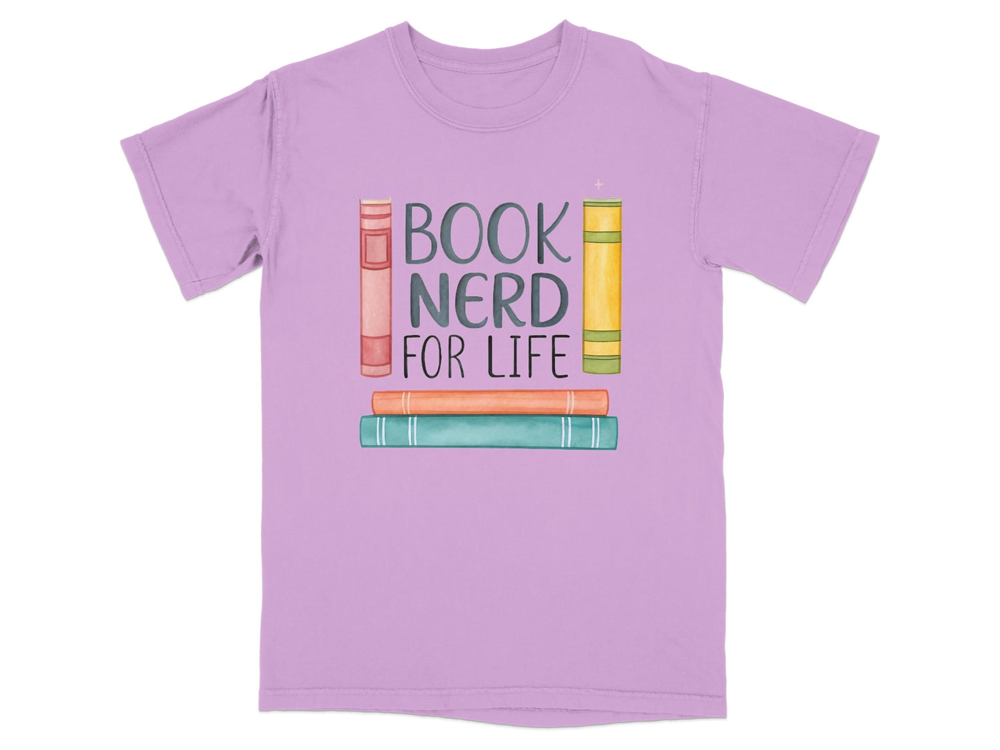 Purple t-shirt with "Book Nerd For Life" text and stack of books illustration.