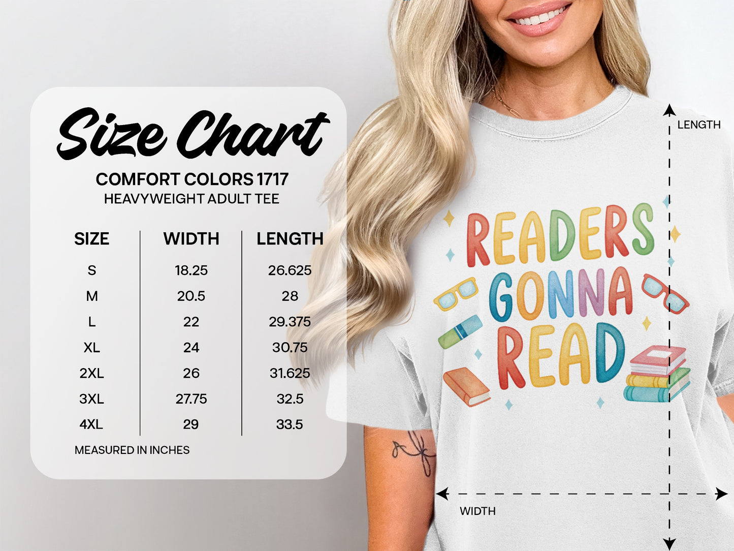 Size chart for heavyweight adult tee showing size, width, and length measurements.