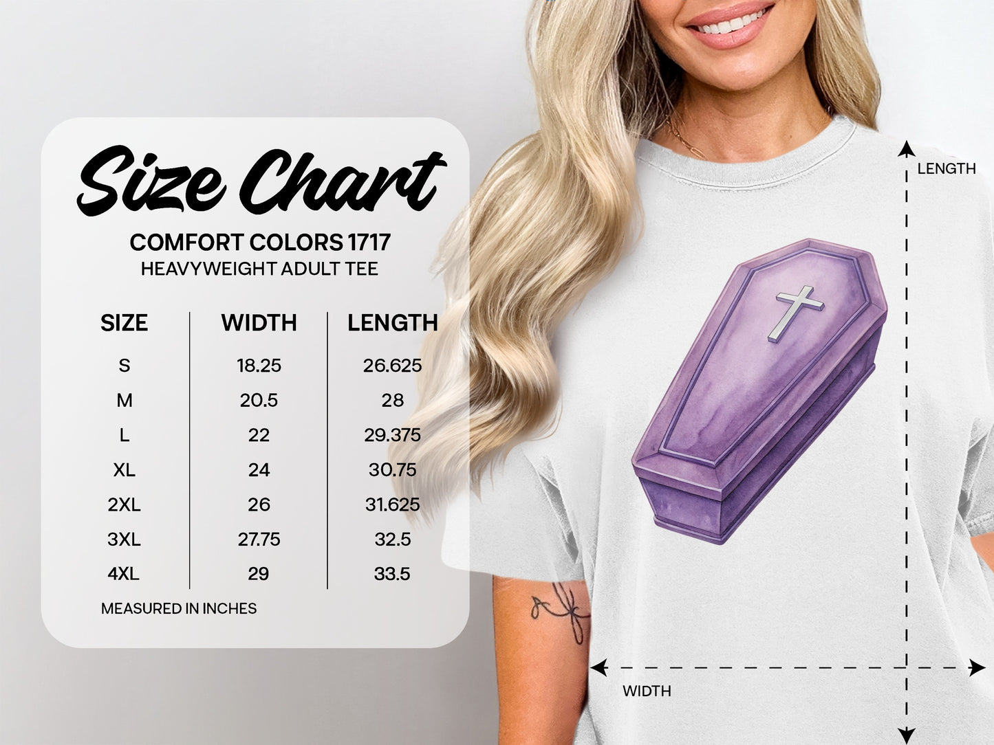 Size chart for Comfort Colors 1717 heavyweight adult tee with coffin graphic.