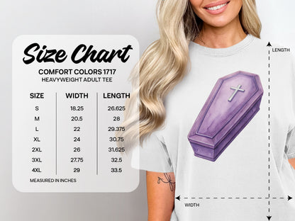 Size chart for Comfort Colors 1717 heavyweight adult tee with coffin graphic.