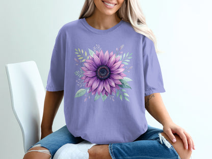 Purple t-shirt with a large purple sunflower and green leaves design.