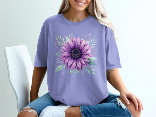 Purple t-shirt with a large purple sunflower and green leaves design.