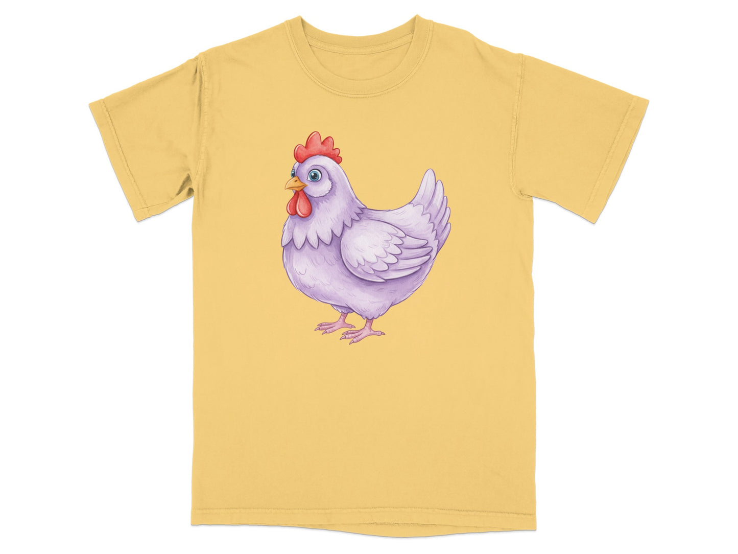 White chicken with blue eyes and red comb on yellow t-shirt.
