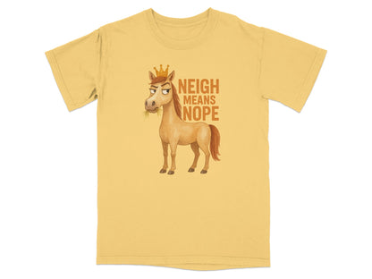 Yellow t-shirt featuring a cartoon horse wearing a crown and eating hay.