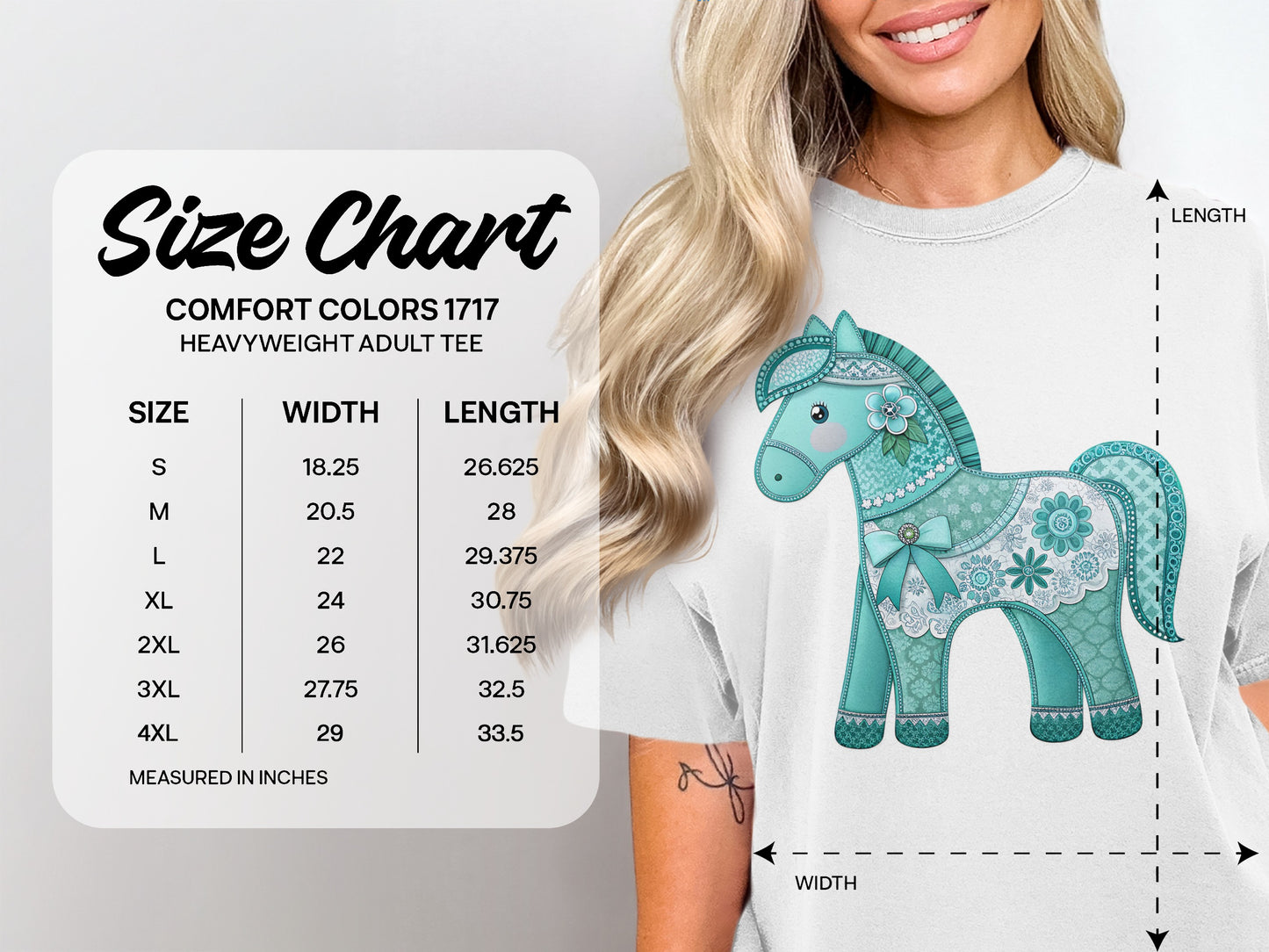 Comfort Colors 1717 heavyweight adult tee size chart with measurements in inches.