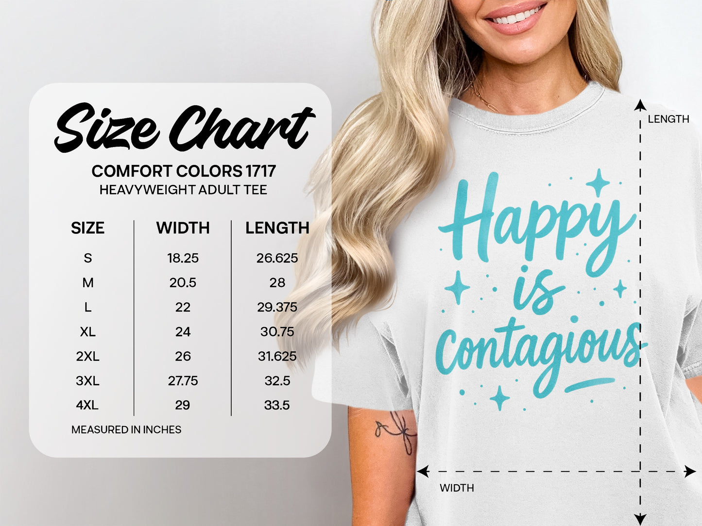 Comfort Colors 1717 heavyweight tee size chart with measurements for width and length.