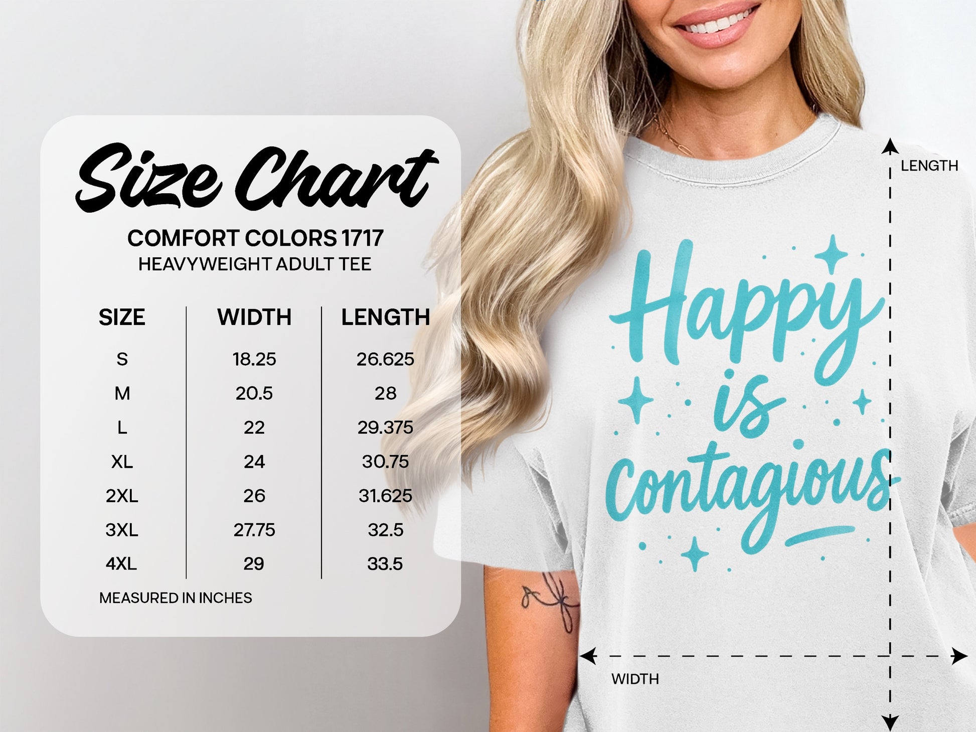 Comfort Colors 1717 heavyweight tee size chart with measurements for width and length.
