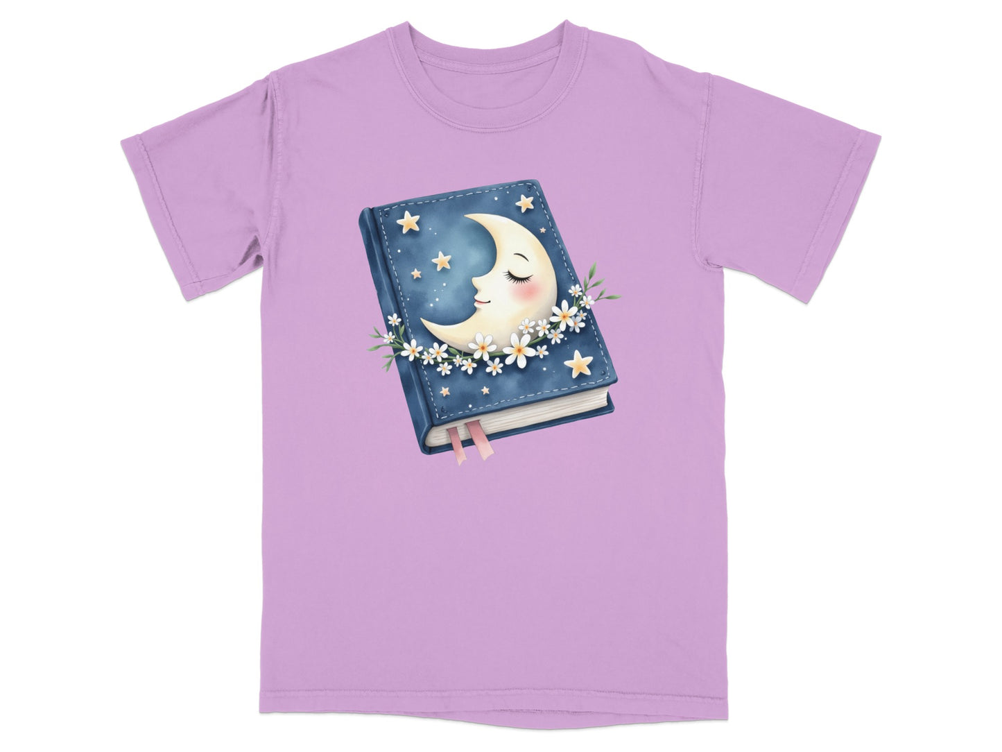 Lavender t-shirt featuring a closed book with a crescent moon resting on it.