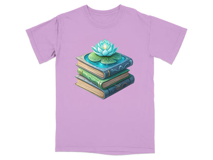 Stack of three ornate books topped with a glowing lotus flower.