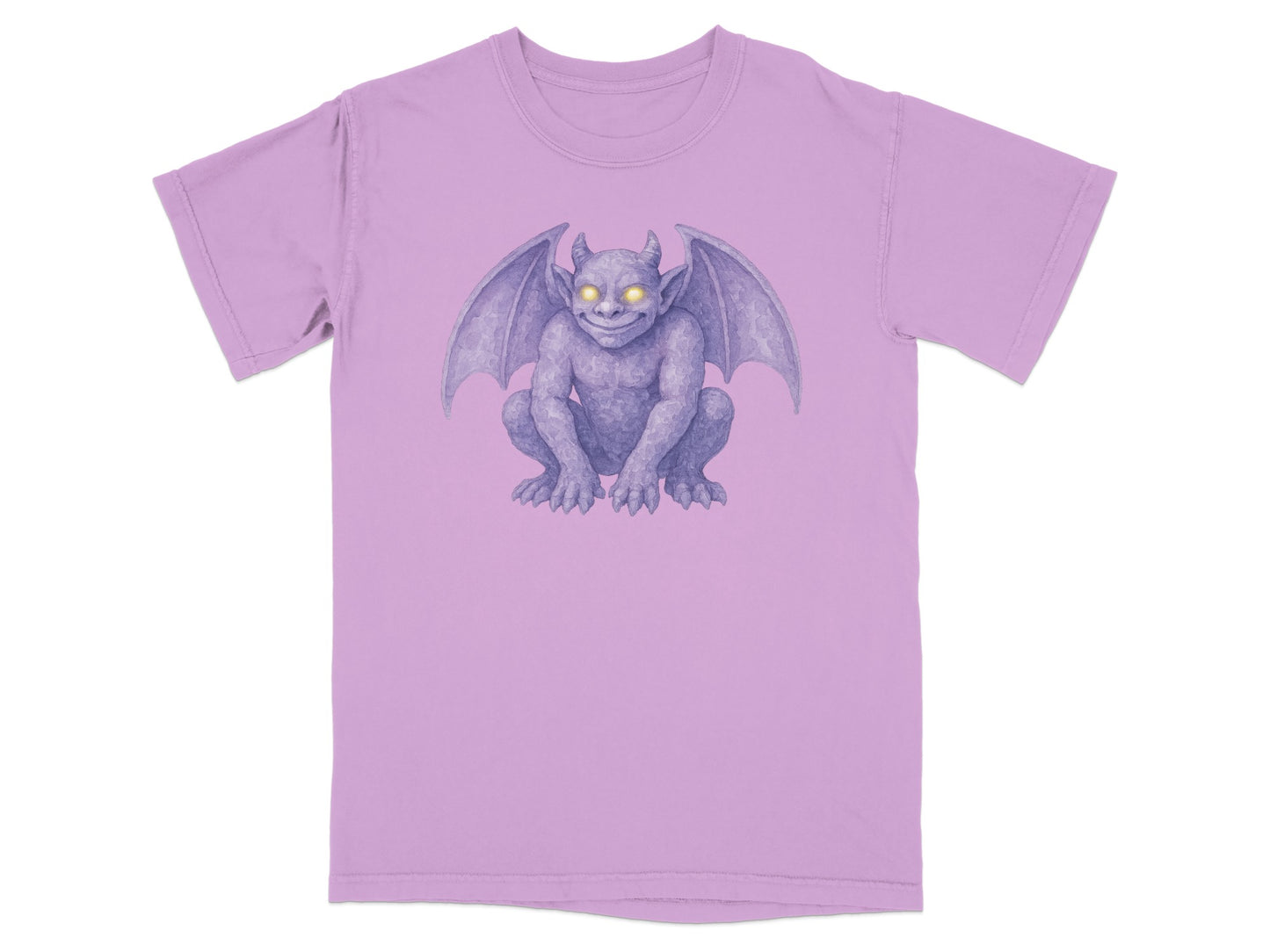 Lavender t-shirt with a gray gargoyle illustration.