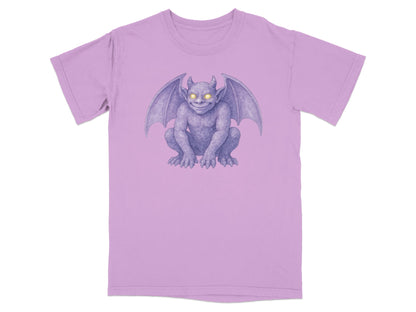 Lavender t-shirt with a gray gargoyle illustration.