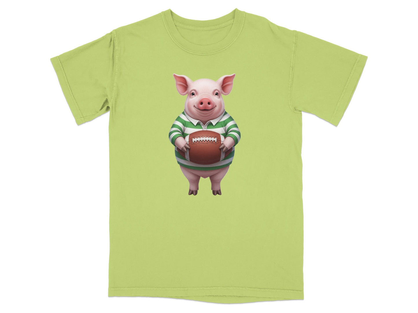 Cartoon pig wearing a rugby jersey holds a rugby ball.