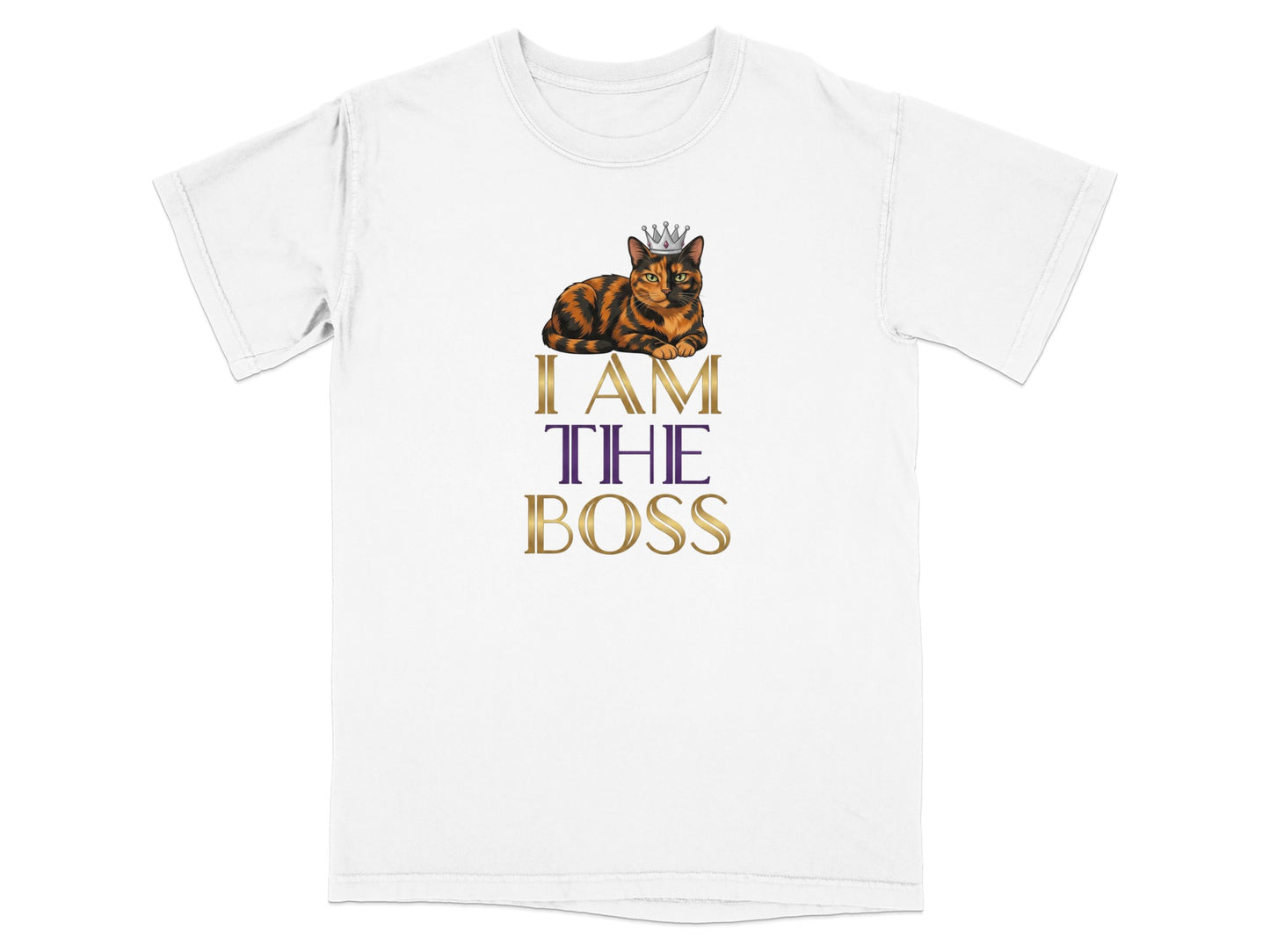 White t-shirt with a cat wearing a crown and "I AM THE BOSS" text.