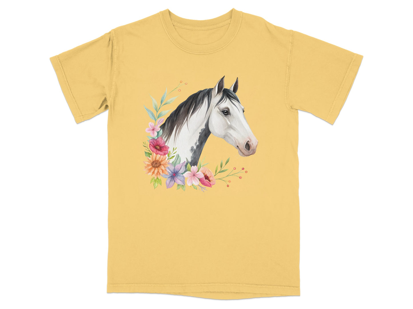 Yellow t-shirt with watercolor horse and floral design on chest.