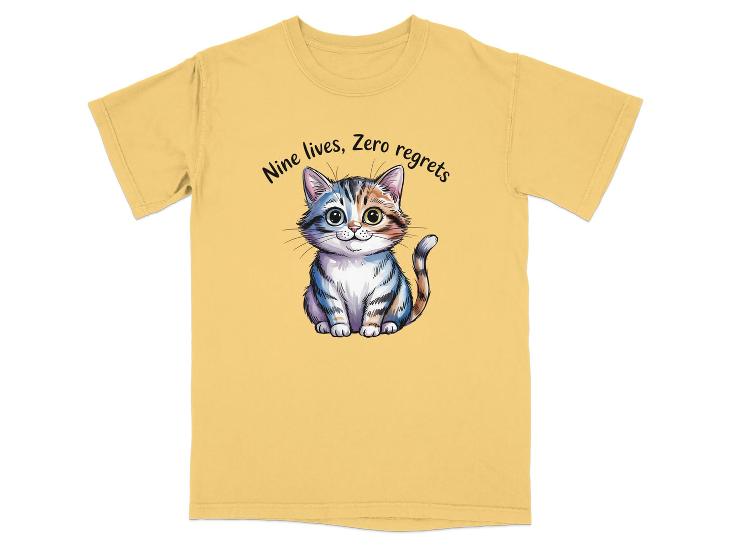 Yellow t-shirt with a cartoon cat and "Nine lives, Zero regrets" text.