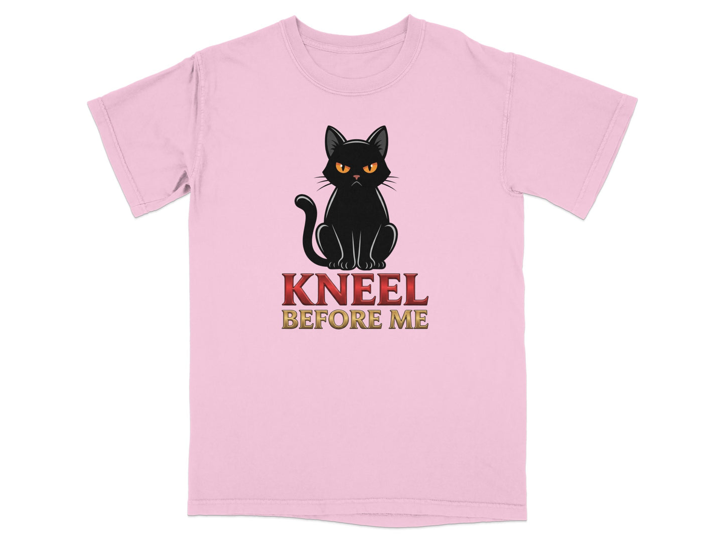 Pink t-shirt with black cat and text "KNEEL BEFORE ME".
