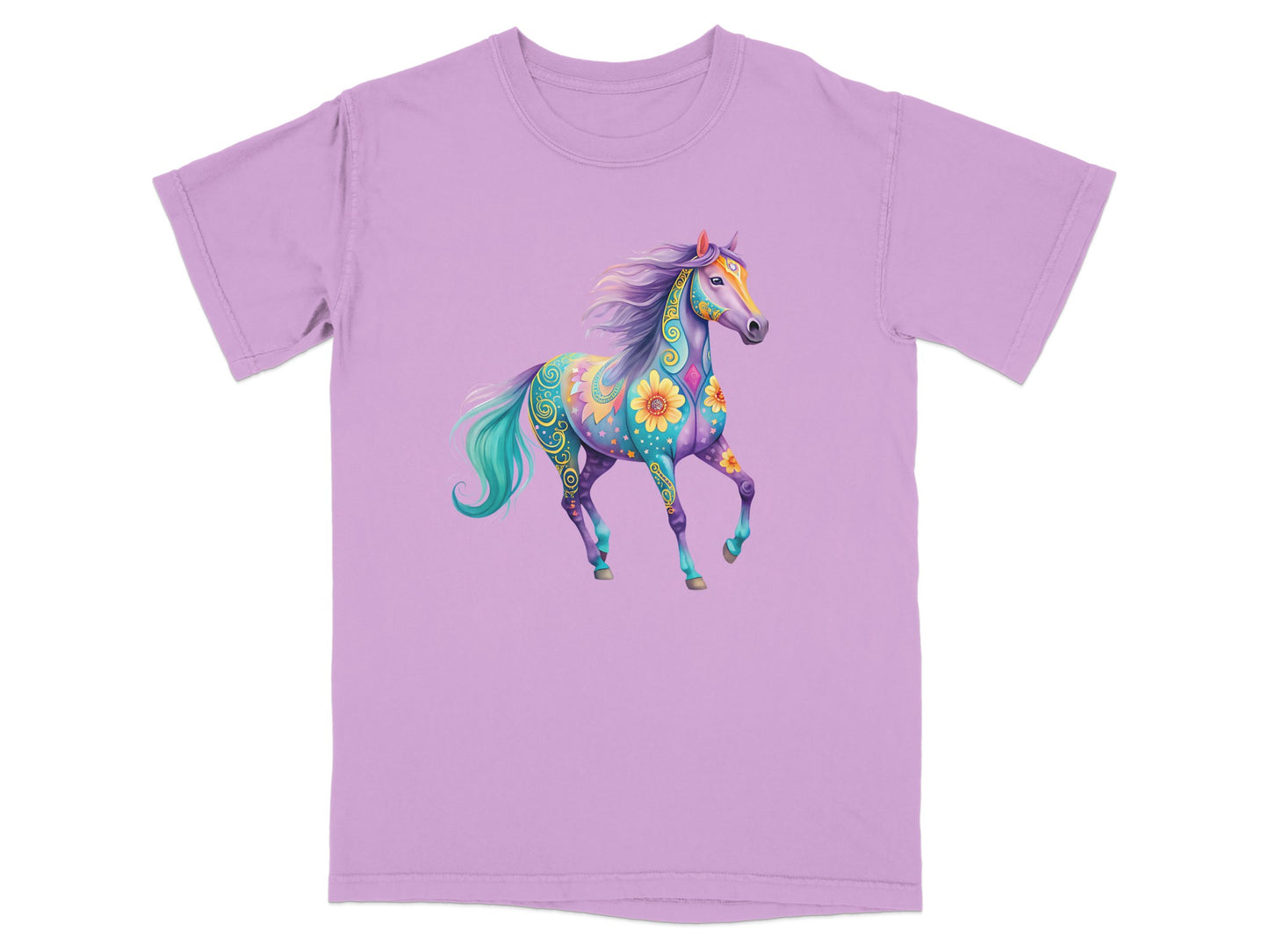 Purple t-shirt with a colorful, decorated horse graphic.