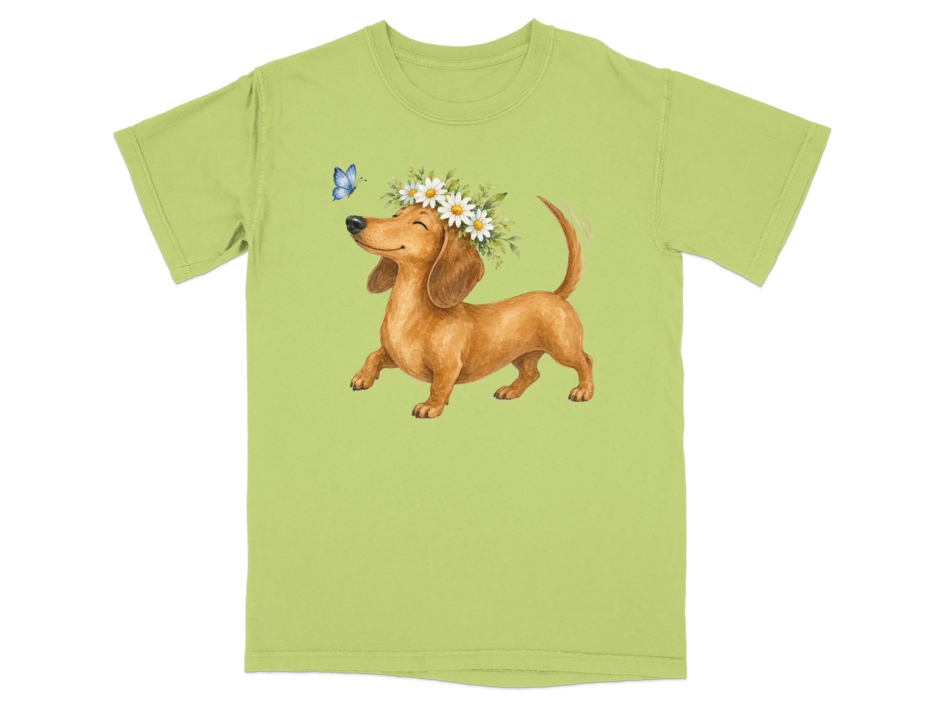 Dachshund wearing a floral crown with a butterfly.