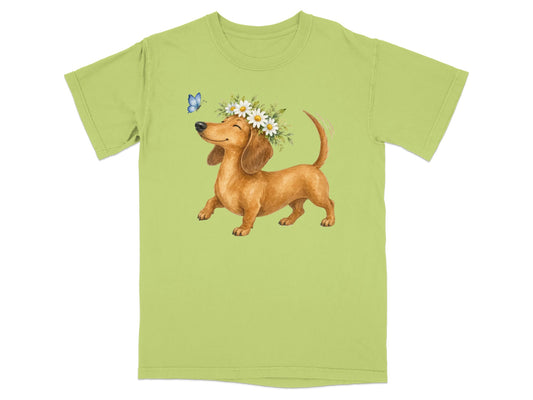 Dachshund wearing a floral crown with a butterfly.