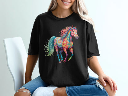 Black t-shirt with a colorful, patterned horse graphic.