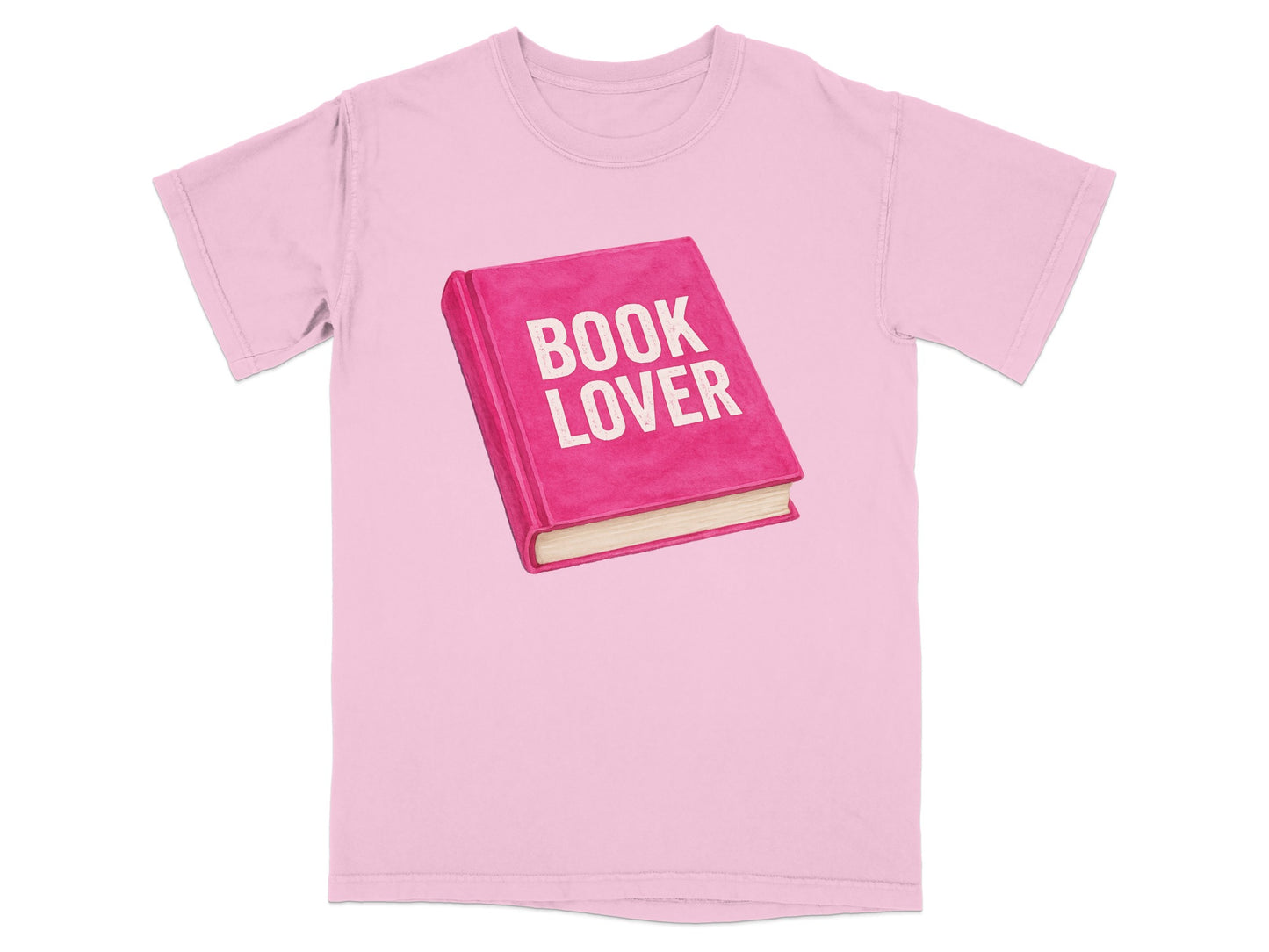 Pink t-shirt with "Book Lover" text on a closed pink book.