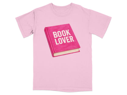 Pink t-shirt with "Book Lover" text on a closed pink book.