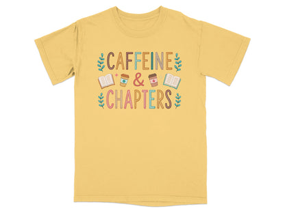 Yellow t-shirt with "Caffeine & Chapters" text and decorative elements.