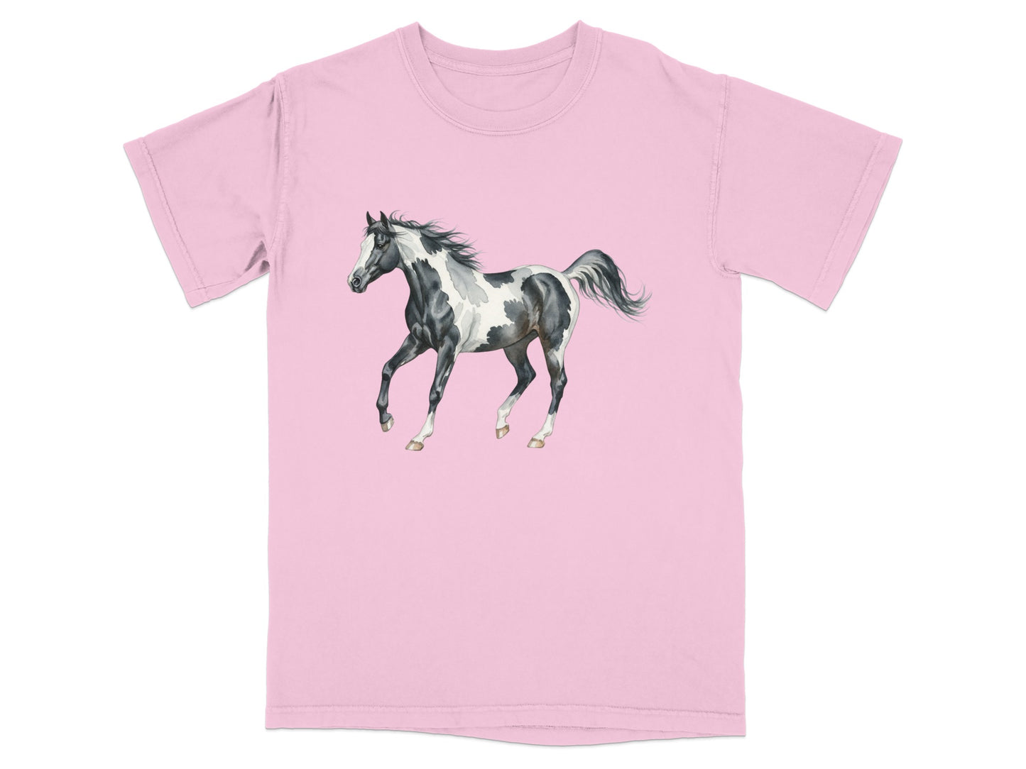 Pink t-shirt featuring a watercolor painting of a black and white pinto horse.
