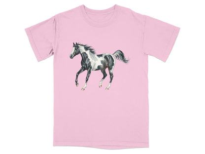Pink t-shirt featuring a watercolor painting of a black and white pinto horse.