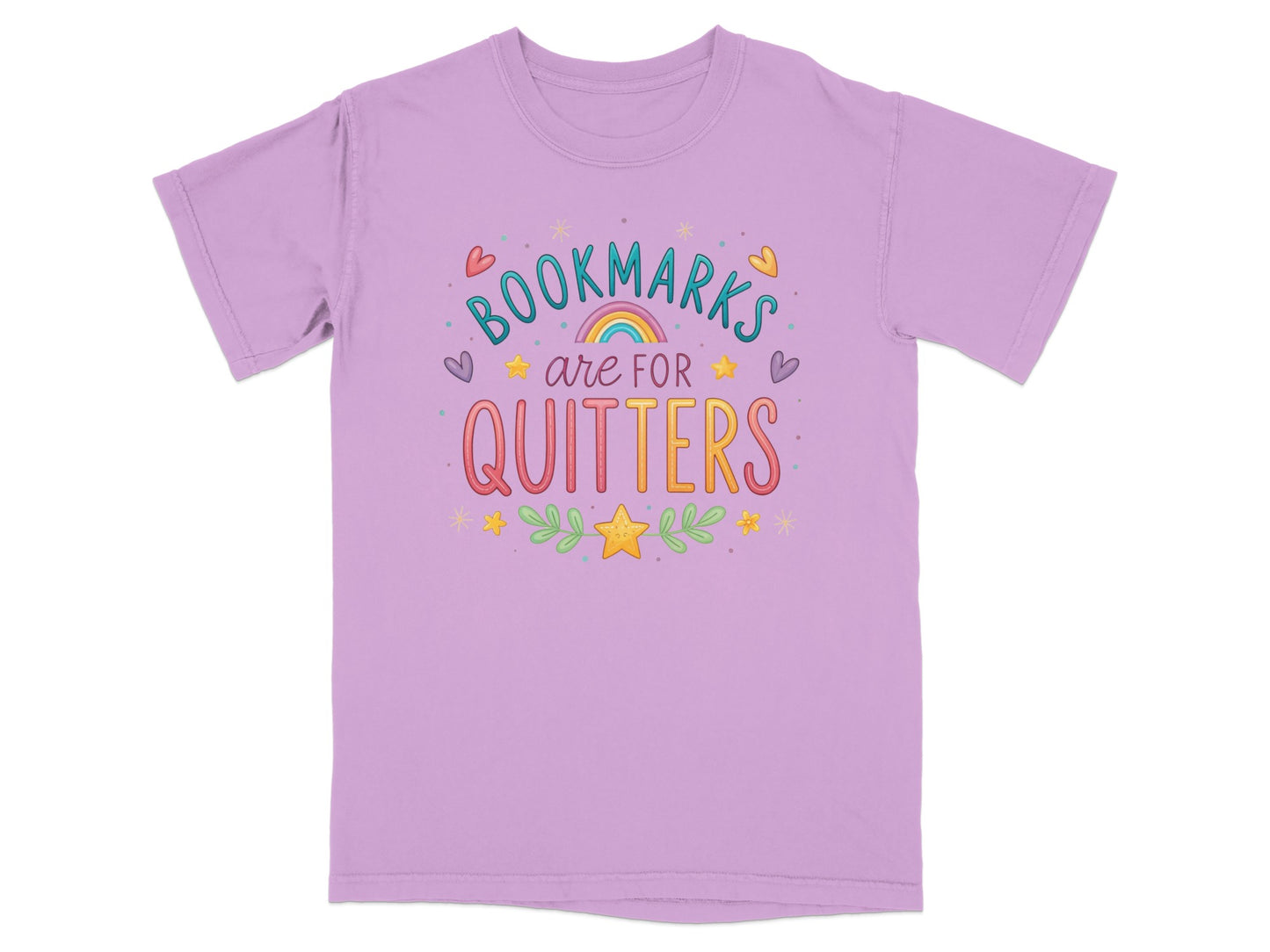 Purple t-shirt with "Bookmarks are for quitters" text and playful illustrations.
