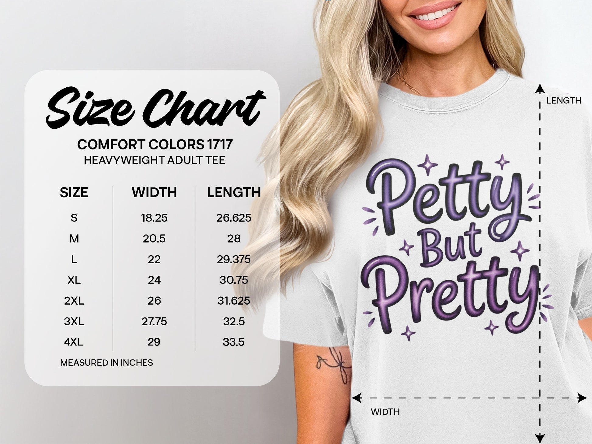 Size chart for Comfort Colors 1717 heavyweight adult tees, showing measurements in inches.