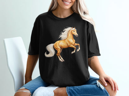 Black t-shirt with a leaping golden horse graphic.
