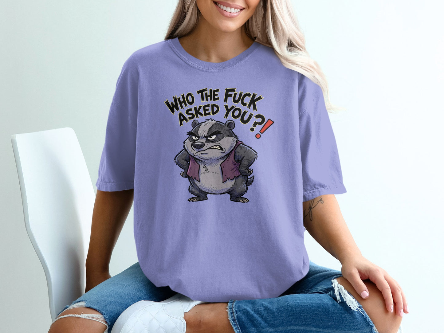 Purple t-shirt with angry badger graphic and text "WHO THE FUCK ASKED YOU?!"